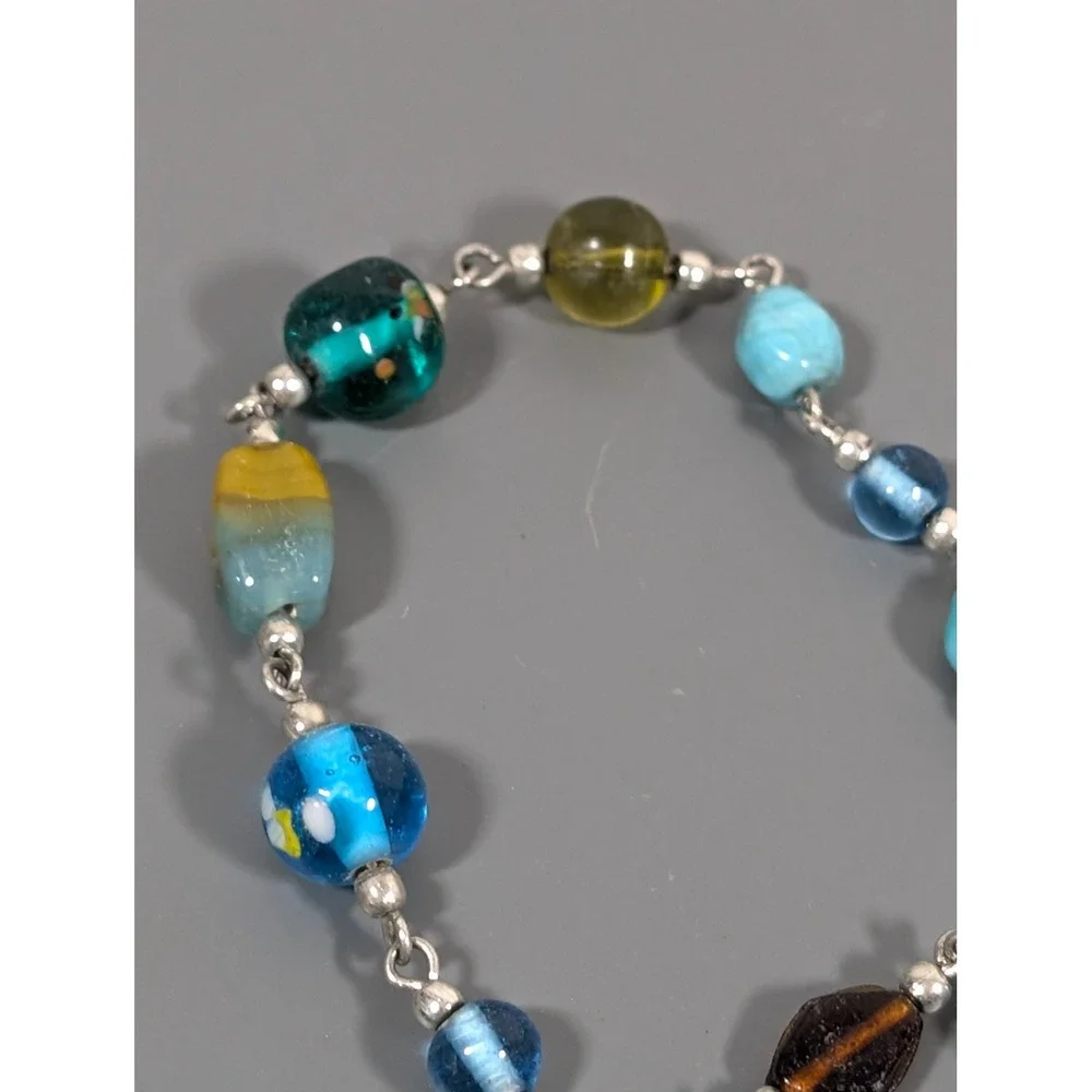 Long Glass Bead Necklace Blue Brown‎ Mixed Beads 40